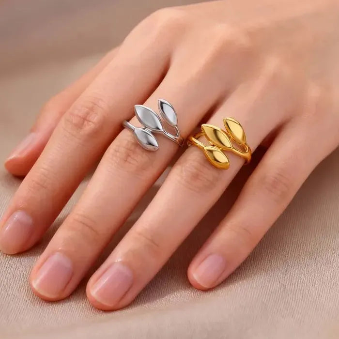 Adjustable Gold Color Stainless Steel Leaf Ring for Women Nature Jewelry