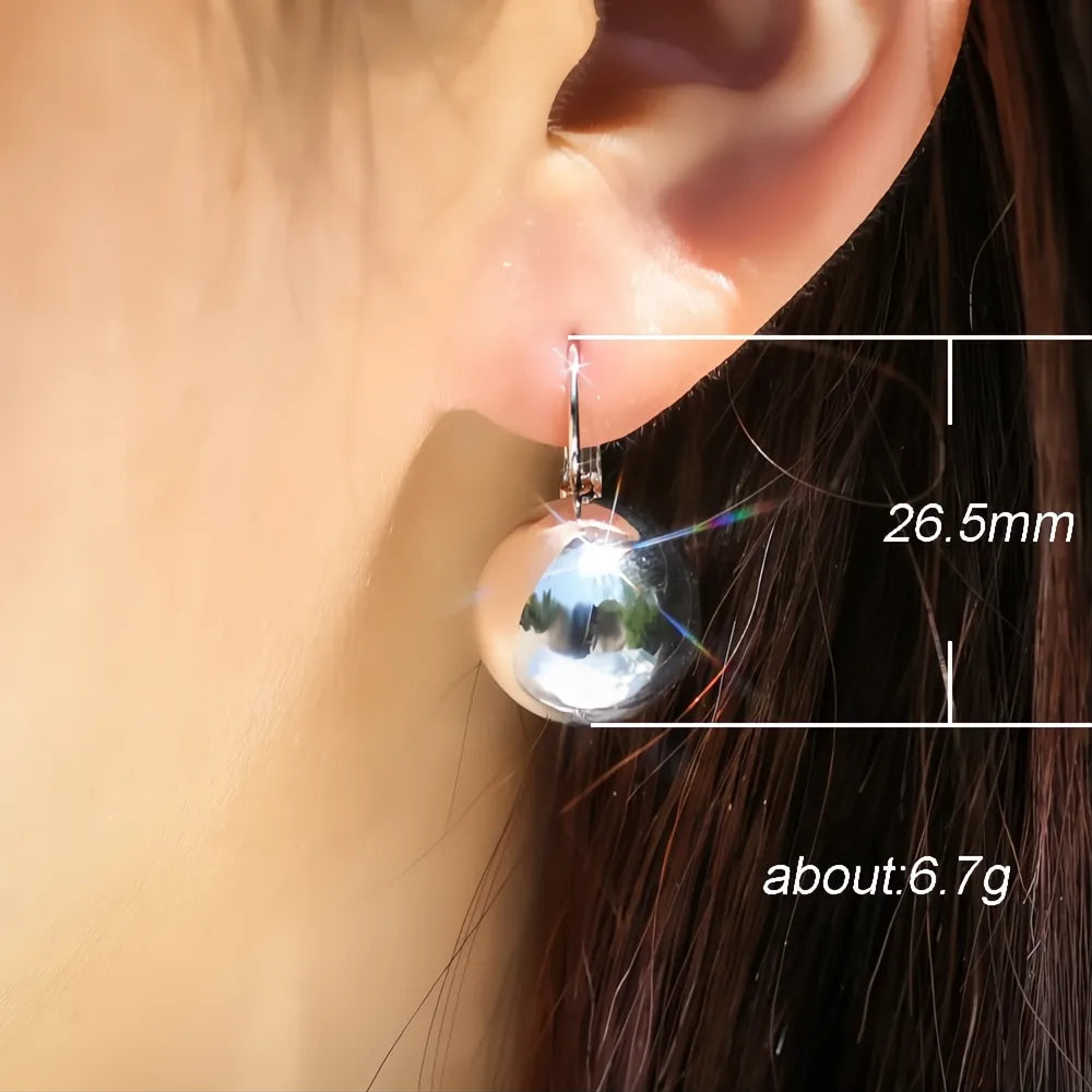 Simple Metallic Drop Earrings for Women Round Smooth Ball-Shape Pendant Copper Alloy Jewelry