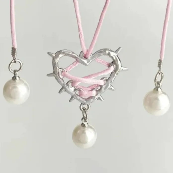 Pink Black Bow Tie Heart Pearl Pendant Necklace for Women Jewelry