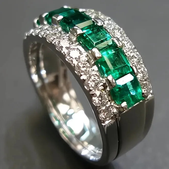 Luxury Dark Green Square Cubic Zirconia Wedding Band Ring for Women Silver Brass Fashion Jewelry
