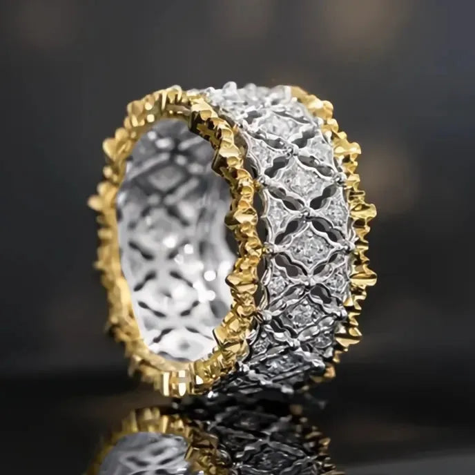 Two Tone Geometric Hollow Metal Ring for Women with Cubic Zirconia Brass Jewelry