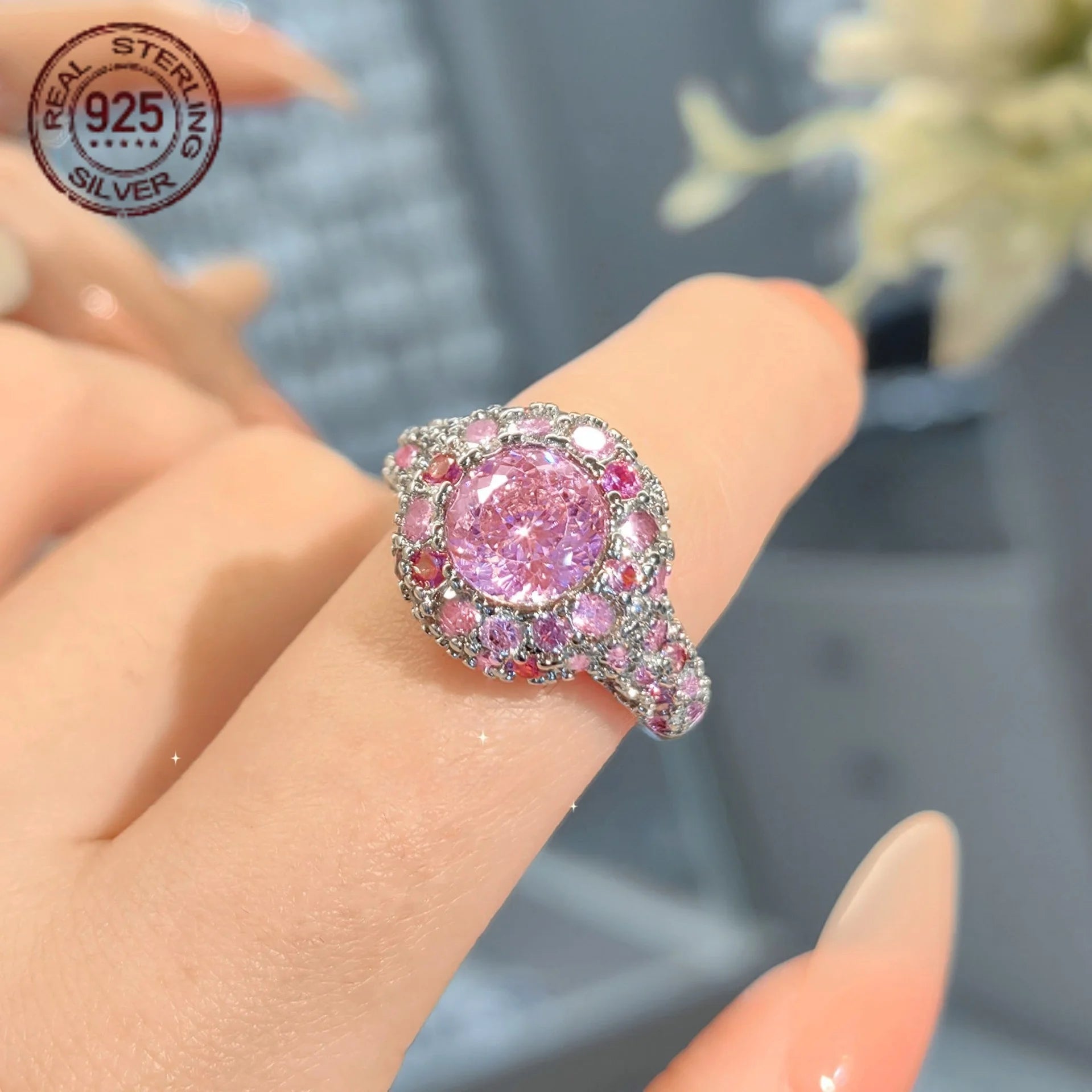 2026 Delicate High Carbon Pink Zircon 925 Sterling Silver Wedding Band – White Gold Plated