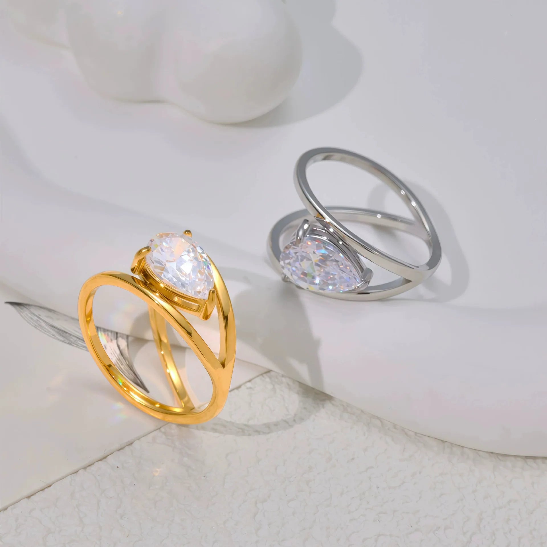 18k Gold Plated Stainless Steel Double Layer Circle Waterdrop Zircon Ring Women