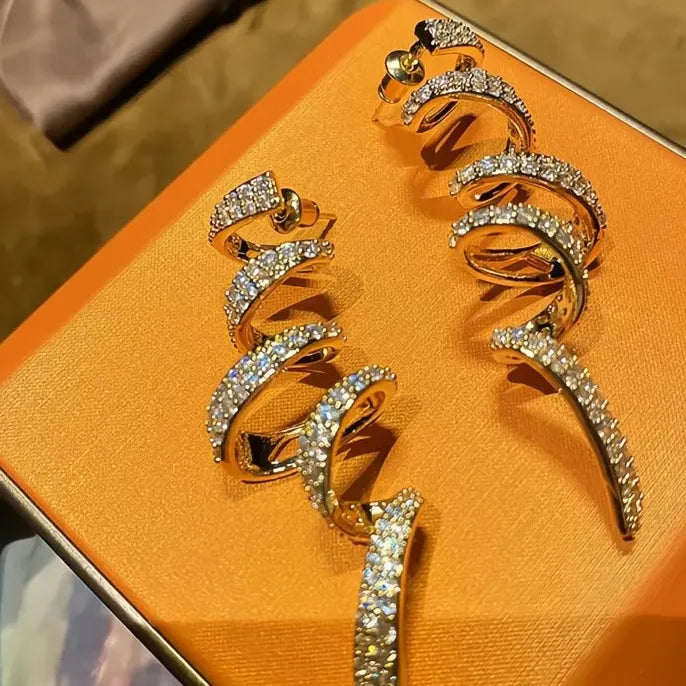 Geometric Spiral Drop Earrings Copper Alloy Cubic Zirconia Silver Gold