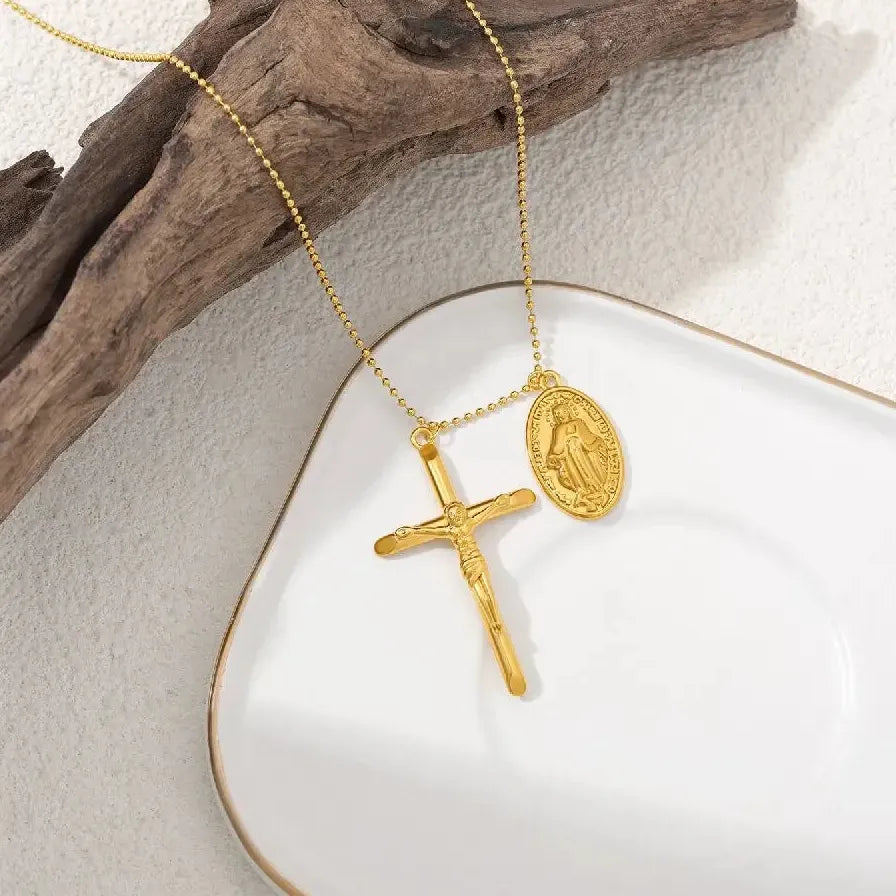 18k Gold Plated Stainless Steel Goth Jesus Cross Pendant Necklace Choker Jewelry
