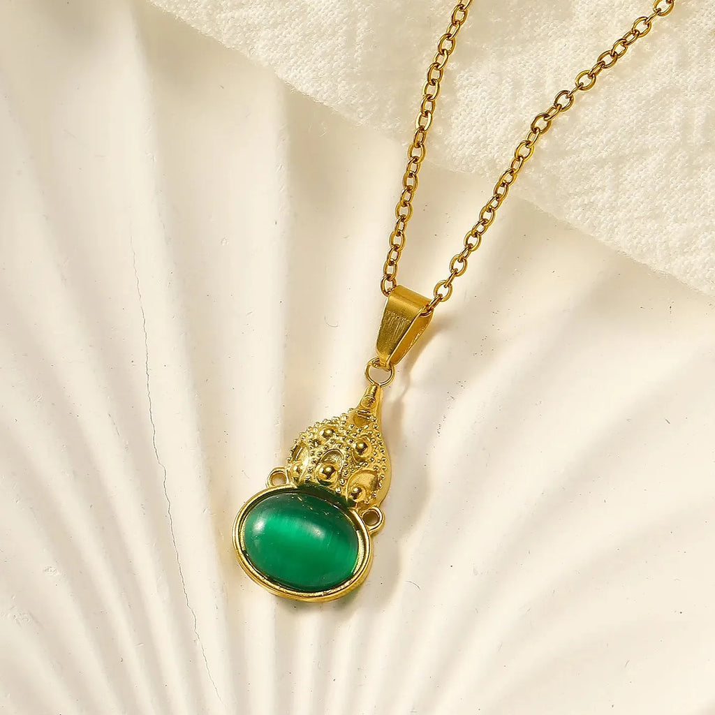 2026 Green Glass Lucky Gourd Pendant Necklace Stainless Steel Opal Choker Jewelry