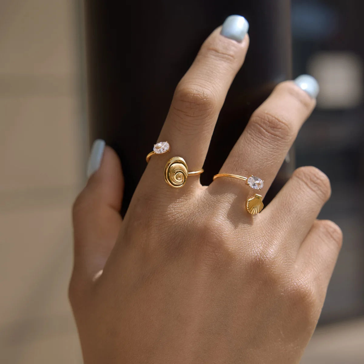 18K Gold Plated Stainless Steel Seashell Scallop Ring Adjustable Zircon Wedding Jewelry