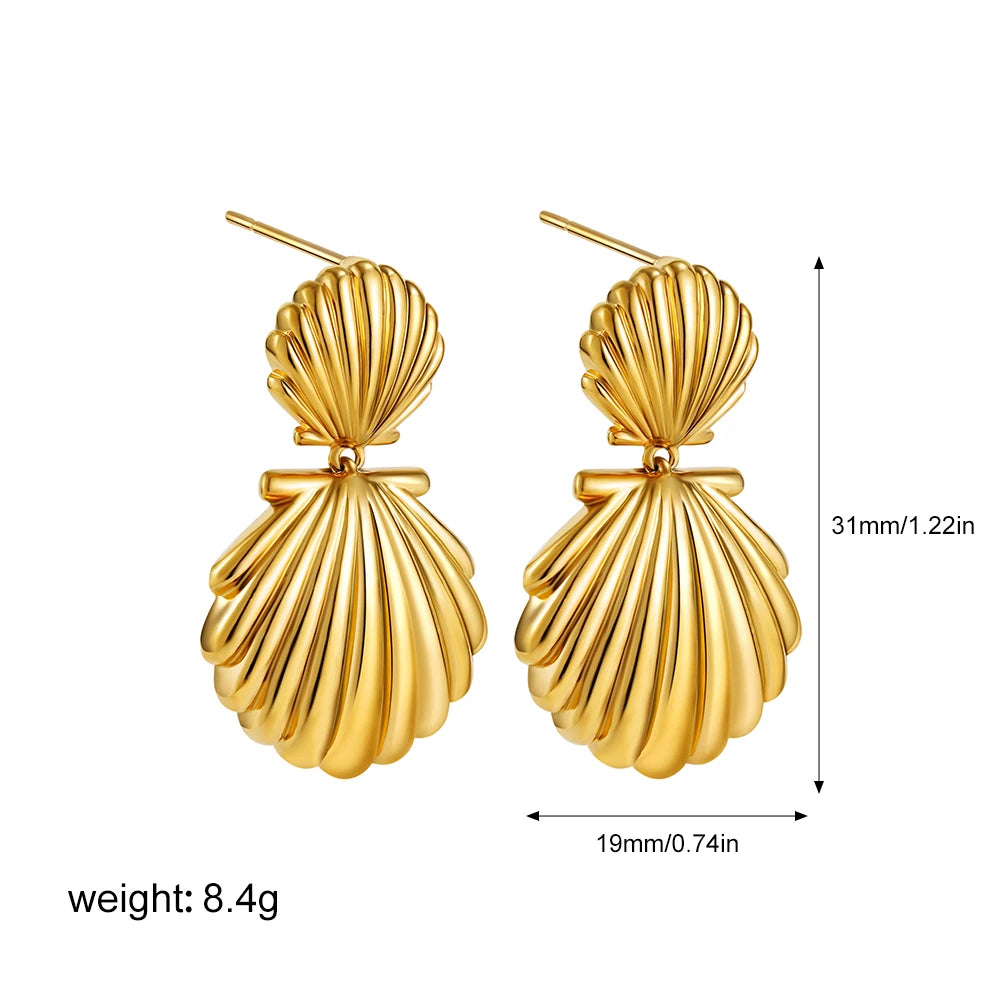 18K Gold Plated Stainless Steel Waterproof Ribbed Large Shell Stud Earrings