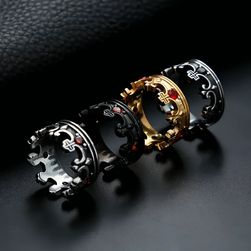 Vintage Crown Stone Ring 316L Stainless Steel Silver Gold Black Jewelry for Men Women Gift