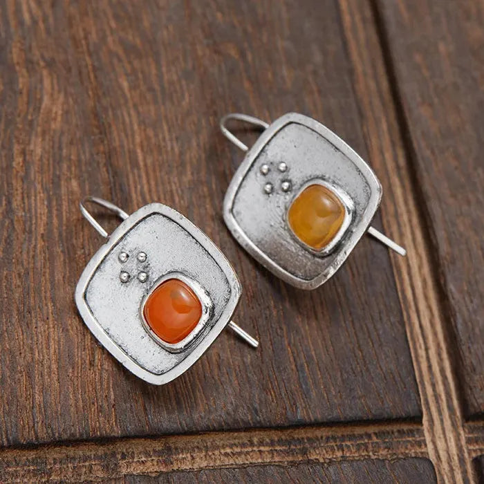 Classic Round Orange Stone Women's Earrings Silver Metal Square Pendant Jewelry