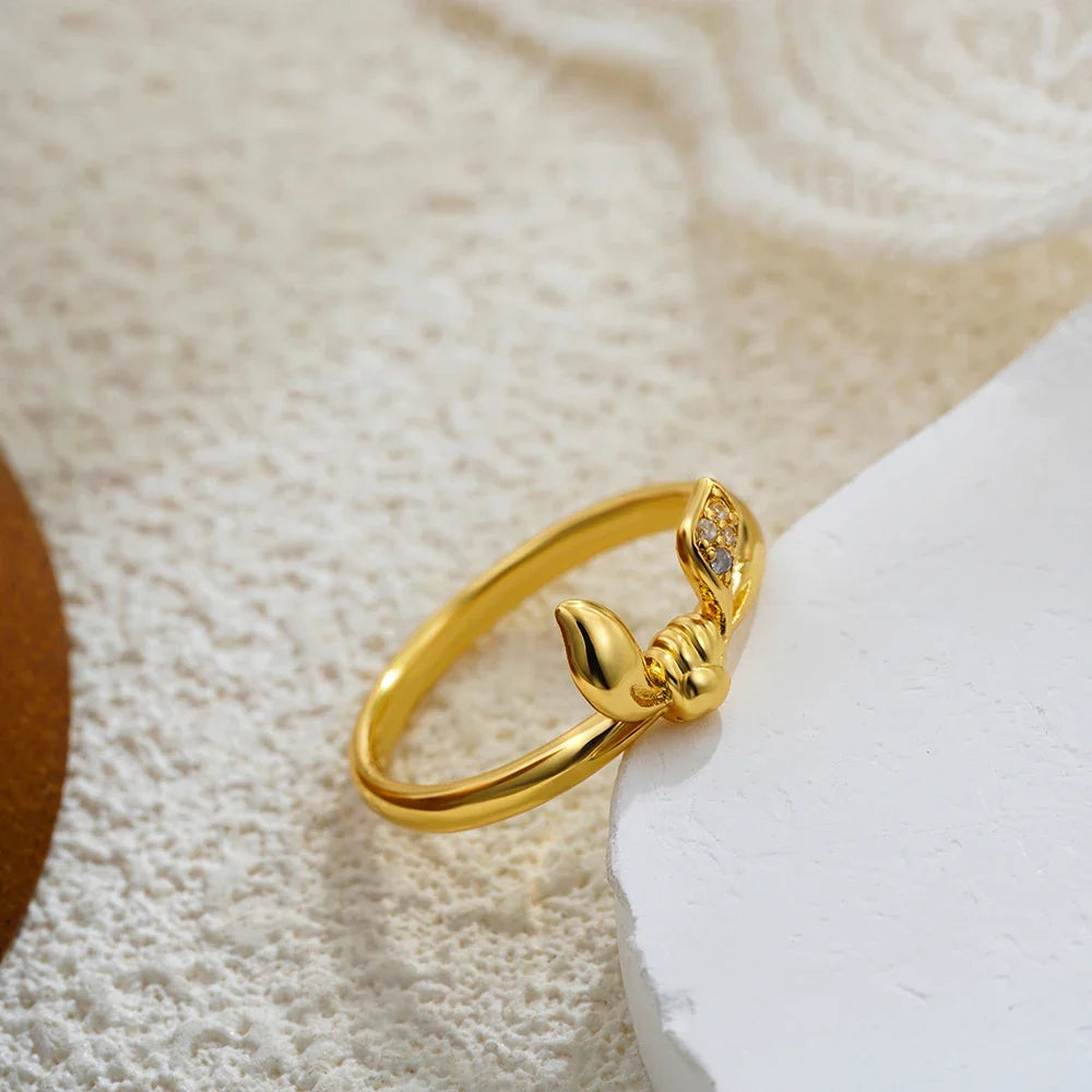 Creative Rabbit Ears Ring for Women Girls 18K Gold Plated Stainless Steel CZ Zircon Jewelry