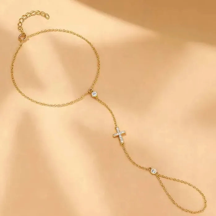 Copper Metal Cross Bracelet for Women Crystal Zircon Bead Chain Bangle Jewelry