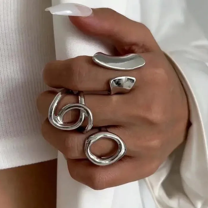 Punk Hiphop Asymmetrical Geometric Hollow Ring Set for Women Party Jewelry