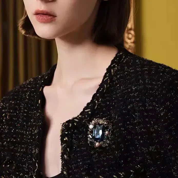 Retro Vintage Square Crystal Pearl Brooch Classic Geometric Pin