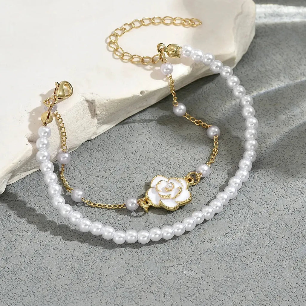 Vintage Double Layer Imitation Pearl Bracelet Featuring White Camellia Flower for Women