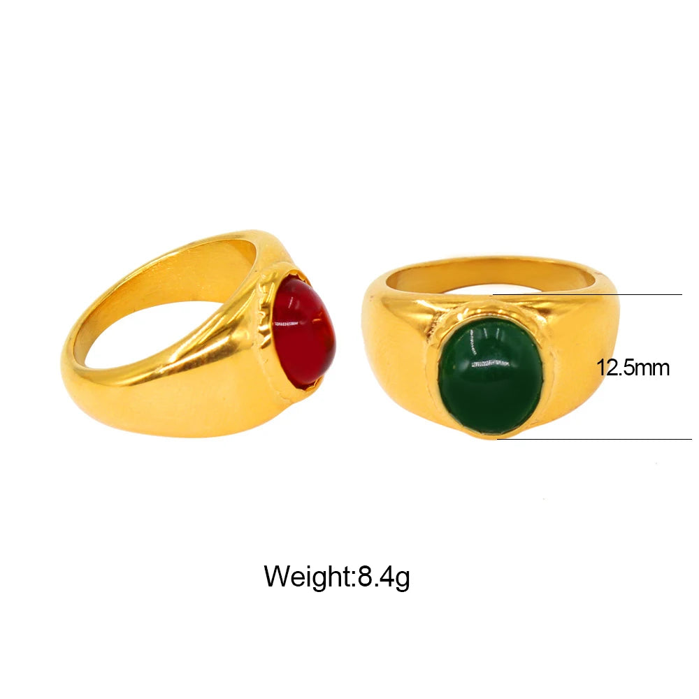 Minimalist Red Crystal Wide Thick Wedding Ring for Women Stainless Steel Gold Engagement Jewelry