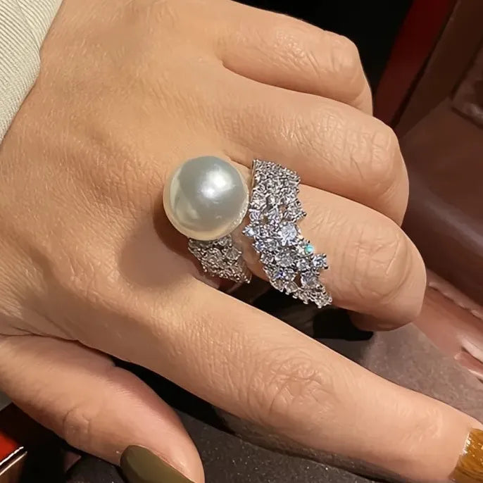 Simulated Pearl Wedding Ring with Zirconia Brass Luxury Jewelry for Women