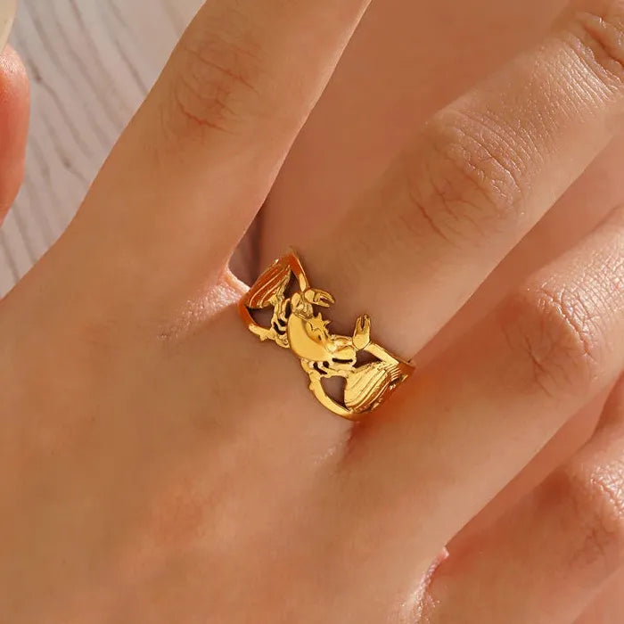 Vintage Stainless Steel Ocean Ring Starfish Conch Crab Fish Adjustable Jewelry