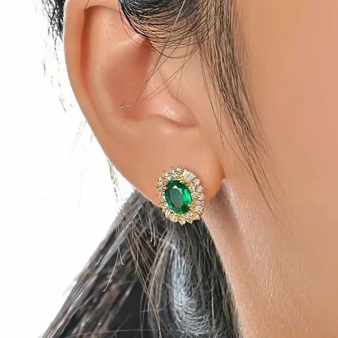 Women's Green Cubic Zirconia Geometric Hoop Earrings Brass Wedding Jewelry