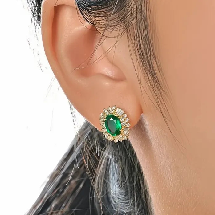 Women's Geometric Hoop Earrings with Green Cubic Zirconia Brass Alloy