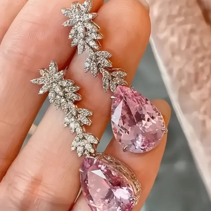 Elegant Women Geometric Drop Earrings Copper Alloy Pink Pear Cubic Zirconia