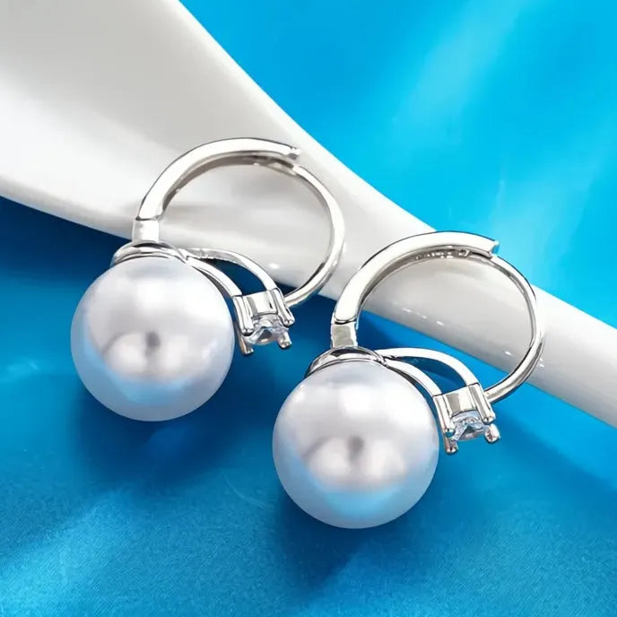 Elegant Copper Alloy Pearl Drop Earrings for Women with Shiny CZ Inlay, Trendy Geometric Design for Wedding Engagement