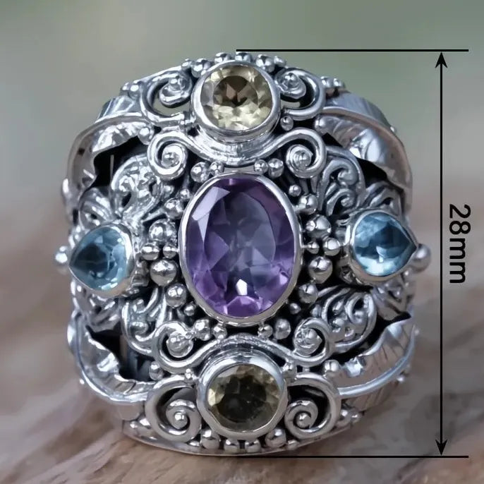 Vintage Women’s Silver Brass Geometric CZ Cocktail Ring Multicolor Party Jewelry