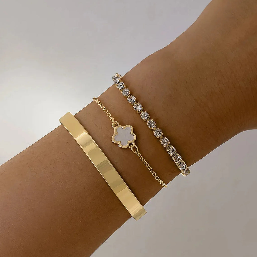 3Pcs Bohemia Minimalism Metal Rhinestone Chain Flower Bracelets for Women Gold