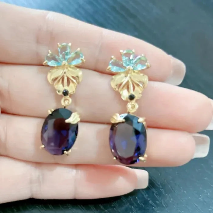 Purple Zircon Water Drop Flower Dangle Earrings Rhinestone Zinc Alloy Jewelry