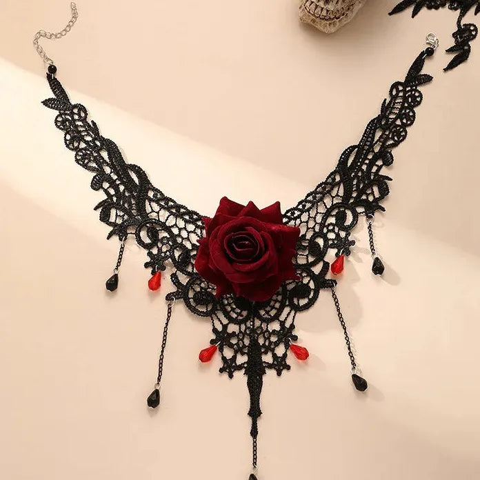Black Lace Gothic Punk Choker Necklace with Pearl Tassel Roseflower Jewelry