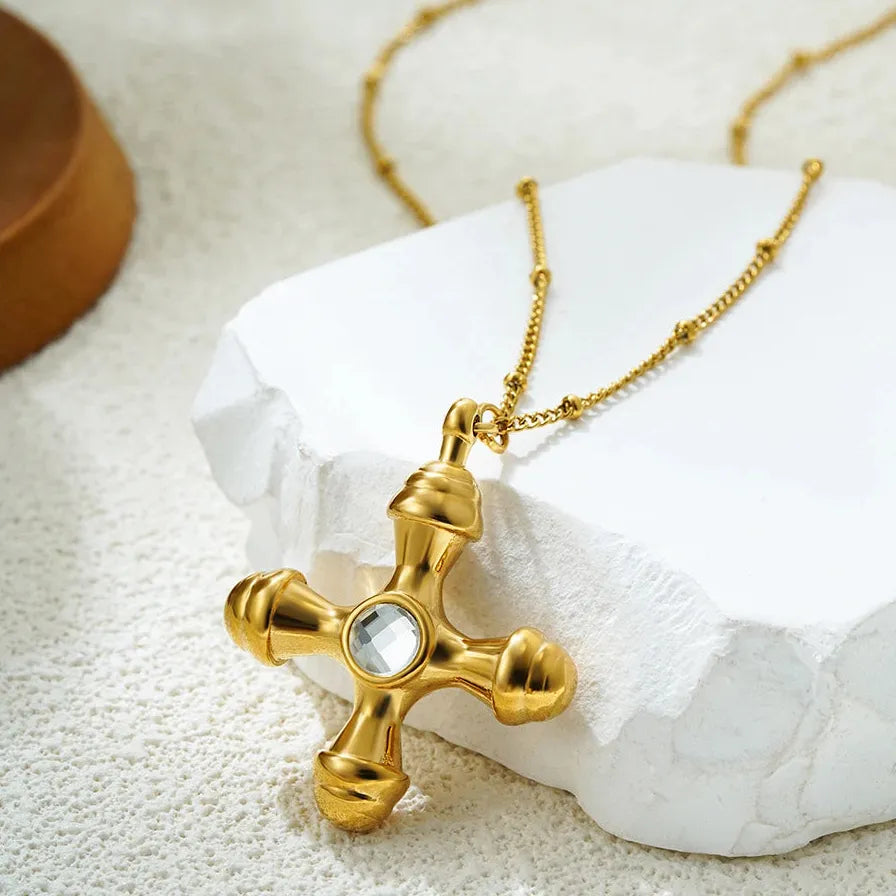 Thick Stainless Steel Cross Pendant Necklace for Women Crystal Bead Chain Choker 2025