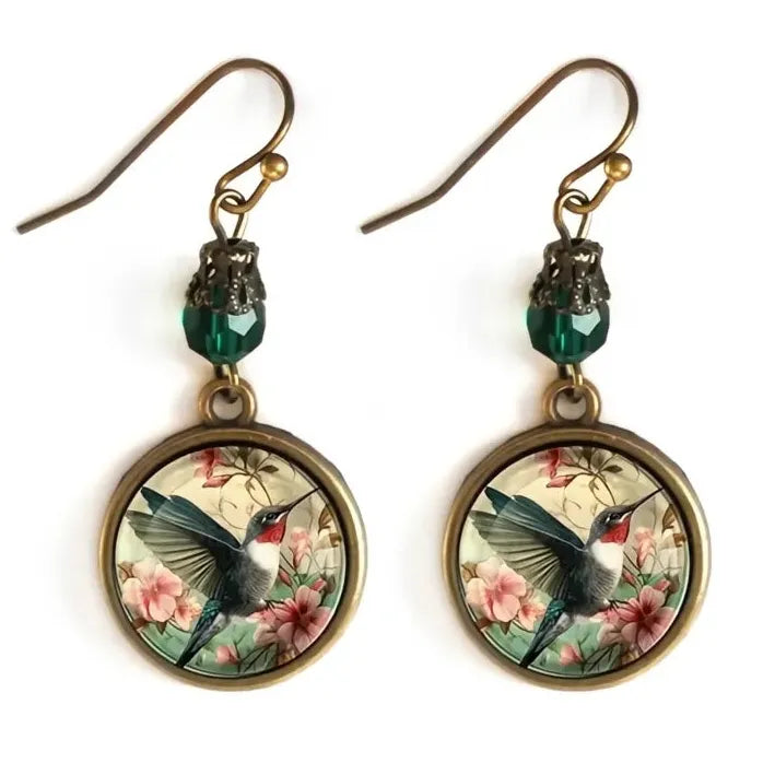 Vintage Green Glass Bead Hummingbird Flower Dangle Earrings for Women