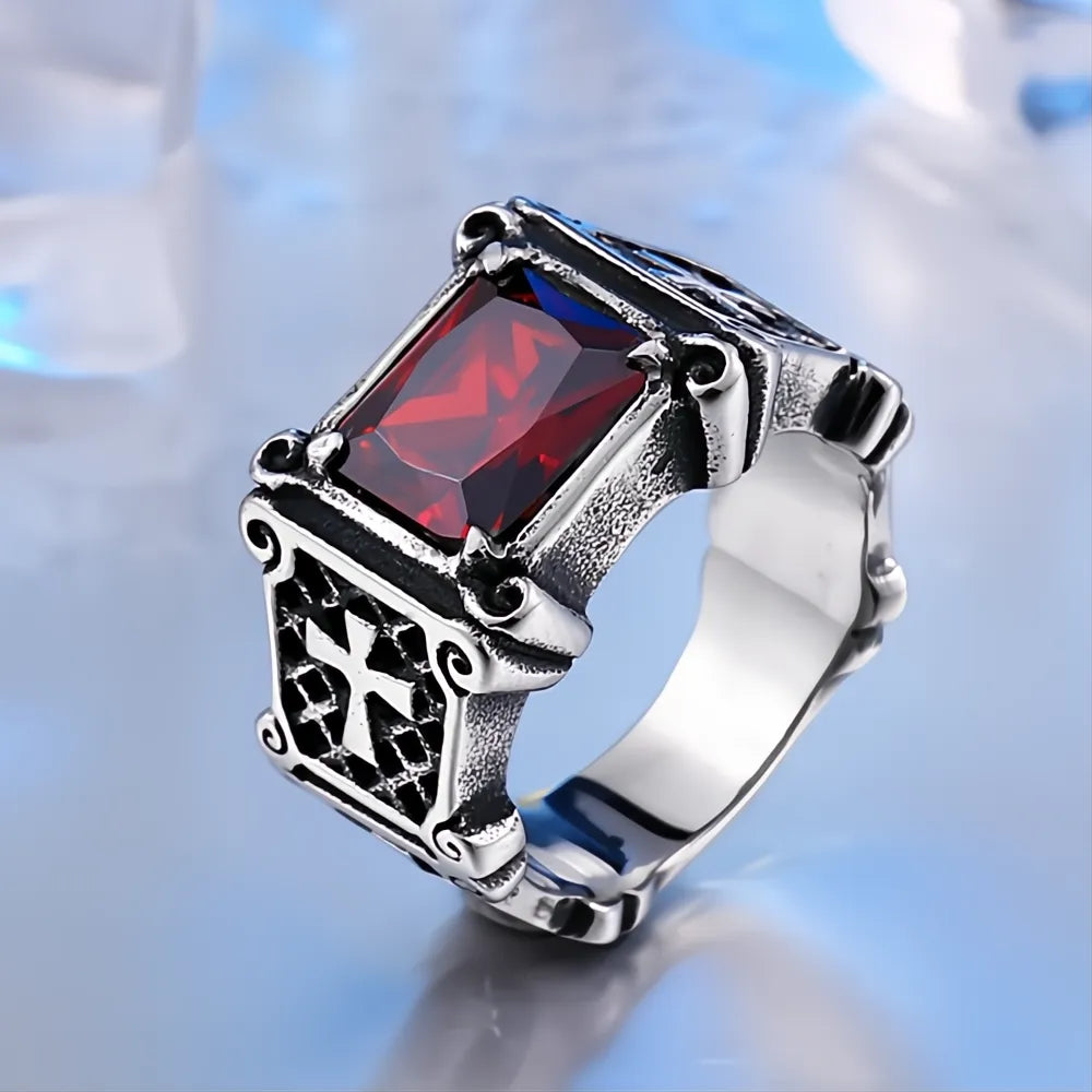 Vintage Stainless Steel Cross Rings Unisex Men Women Classic Red Black Stone Jewelry