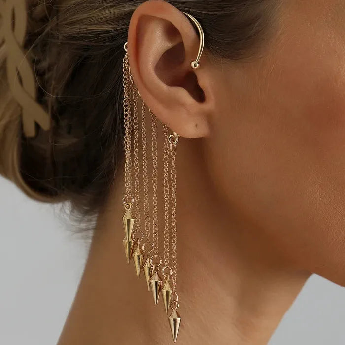 Adjustable Metal Rivet Tassel Clip-On Earrings for Women Hip-Hop Punk Jewelry