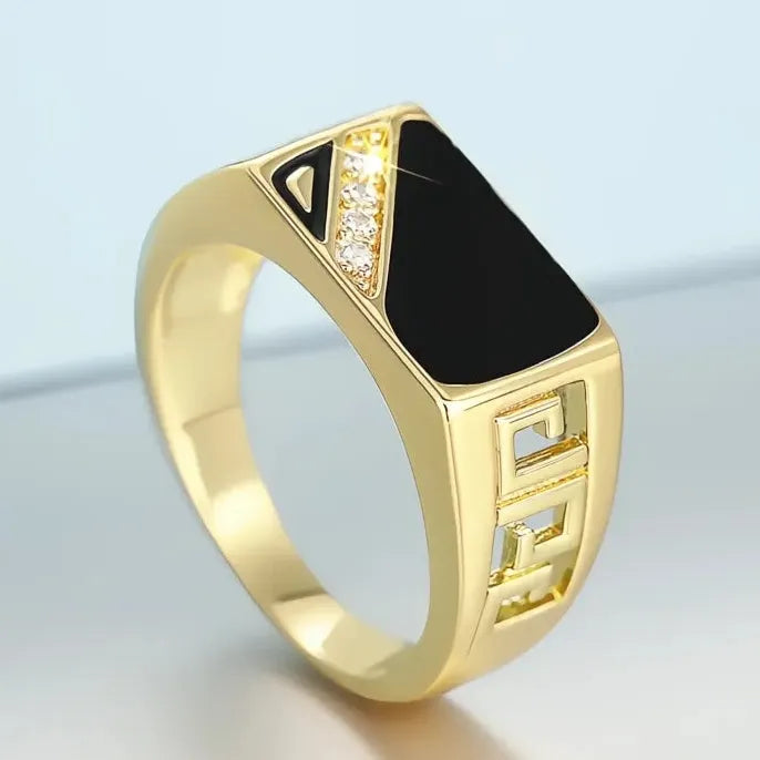 Gold Brass Women’s Wedding Band Ring Black Glaze Cubic Zirconia Hollow-Out