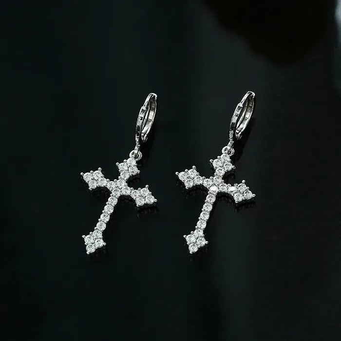 Korean Fashion Stainless Steel Cross Earrings with Rhinestone Zircon