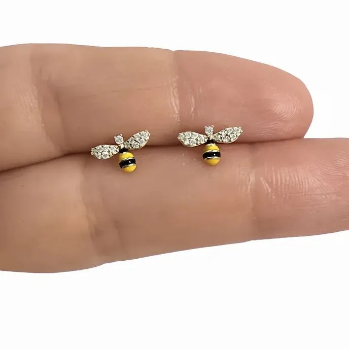 Dainty Geometric Bee Stud Earrings for Women Copper Alloy Cubic Zirconia Silver Gold