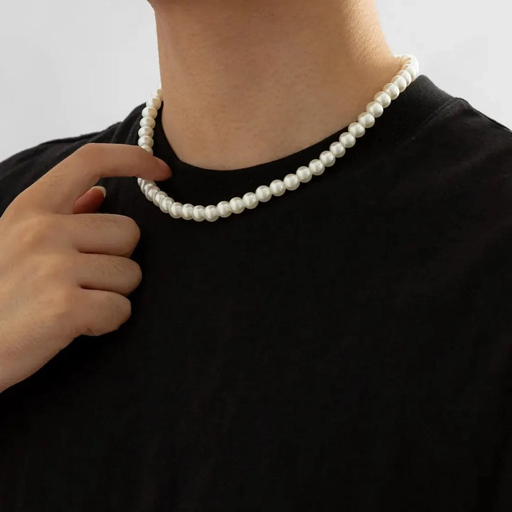 Men's Trendy White Imitation Pearl Beaded Short Choker Necklace 2026
