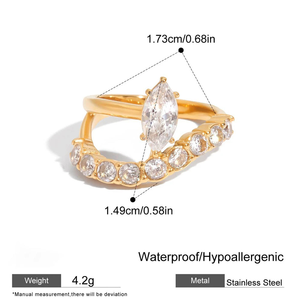 18K Gold Plated White Heart Waterdrop Zircon Wedding Ring Women Adjustable Stainless Steel