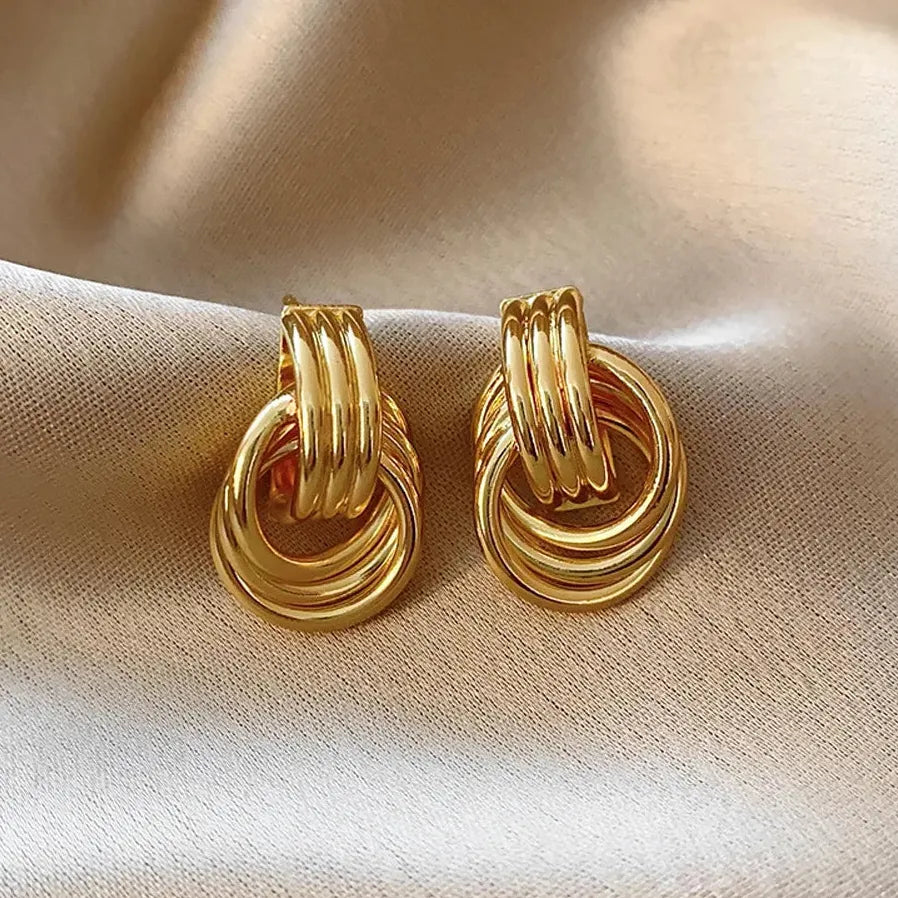 Geometric Irregular Striped Large Gold Metal Drop Earrings for Women