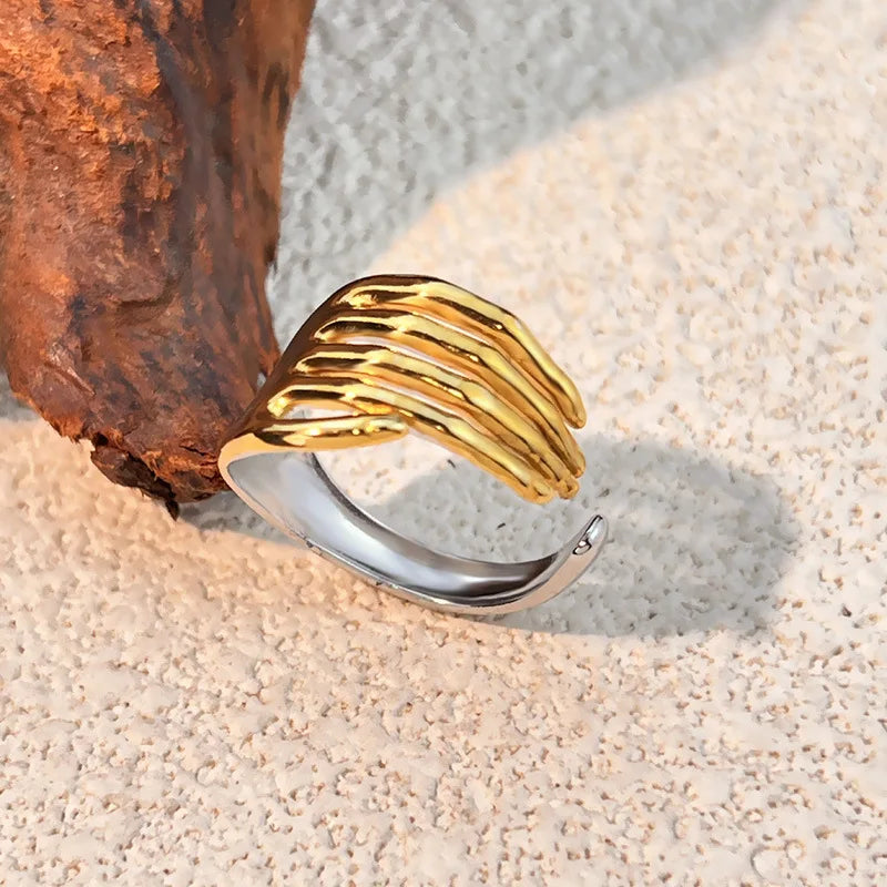 18k Gold Plated Punk Geometric Hollow Out Wide Wire Ring for Women Party Jewelry