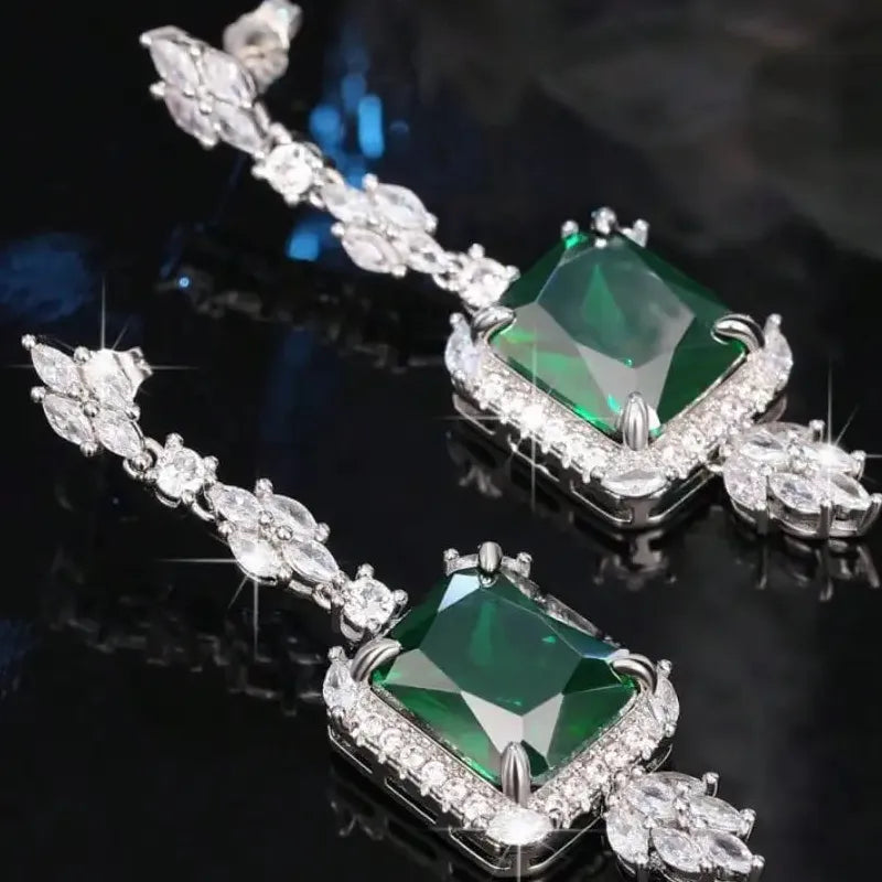 Green Imitation Crystal Flower Pendant Earrings with Metal Leaf Copper Gift