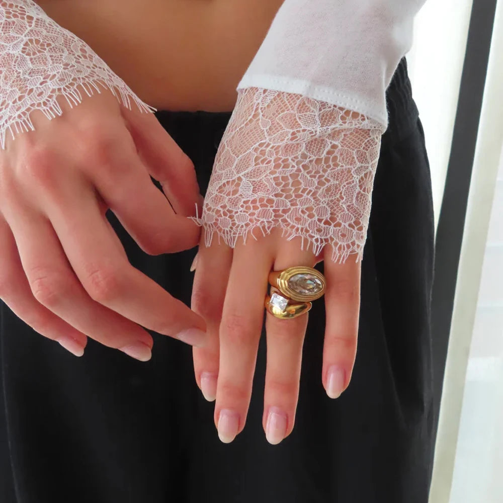 Stainless Steel Gold Plated Oval Crystal CZ Punk Chunky Wedding Ring Gift