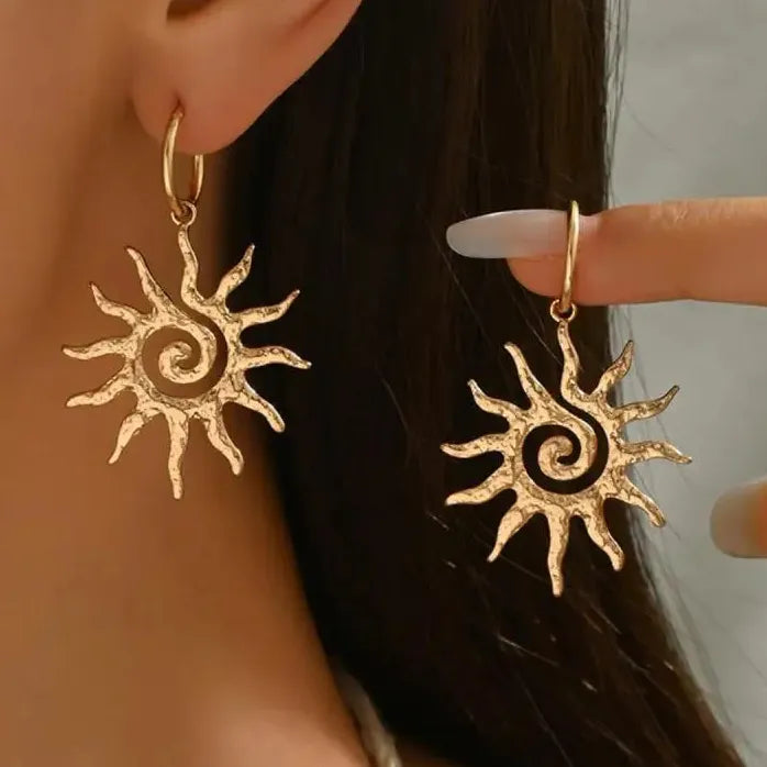 Vintage Stainless Steel Spiral Sunflower Drop Earrings for Women Gold Silver