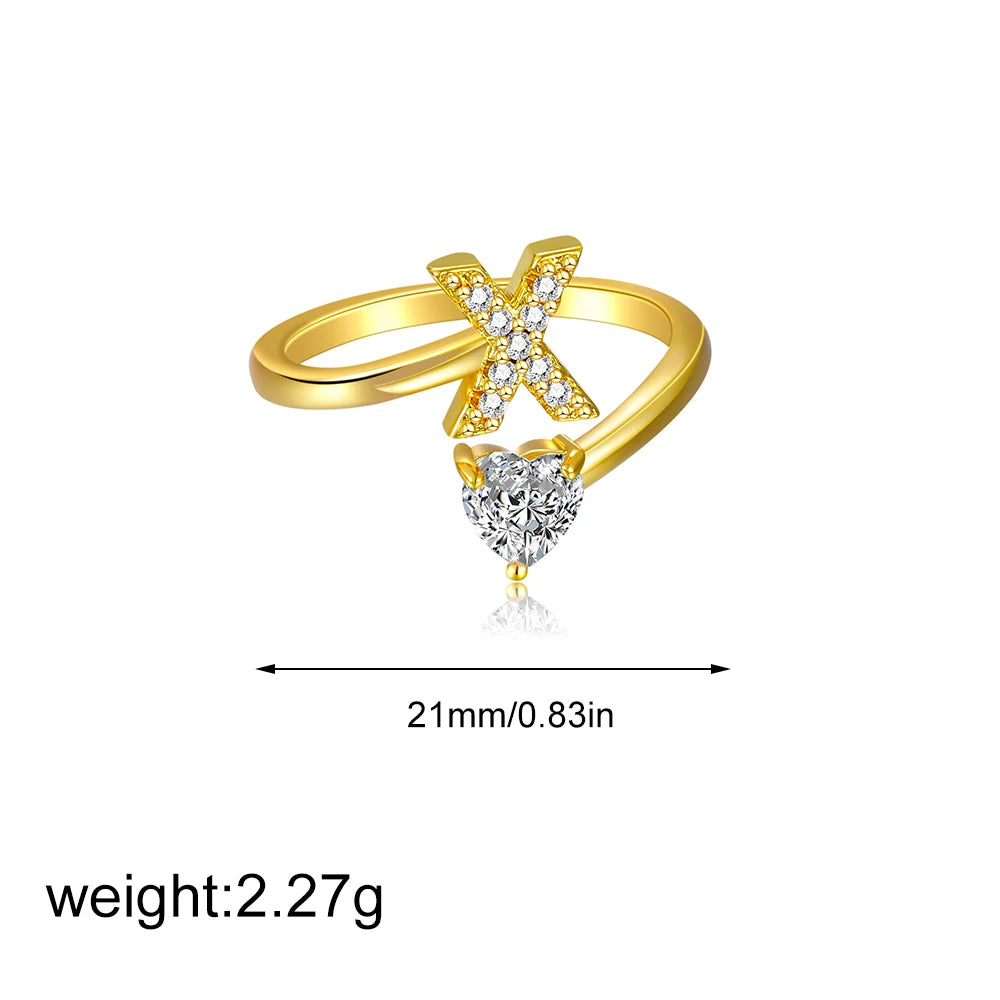 Polished Gold Plated Copper A-Z Letter Initial Ring with Zircon Heart Wedding Jewelry