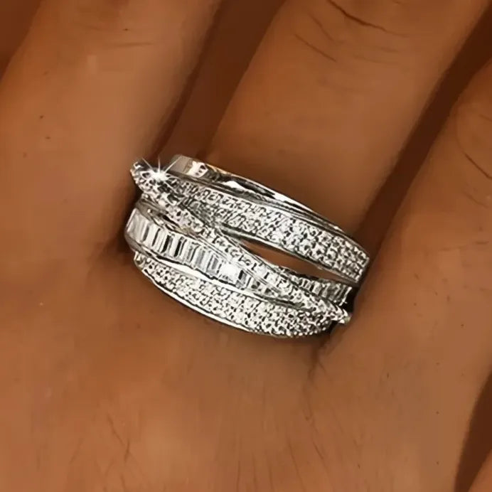 Multi-layer Geometric Cubic Zirconia Brass Ring for Women
