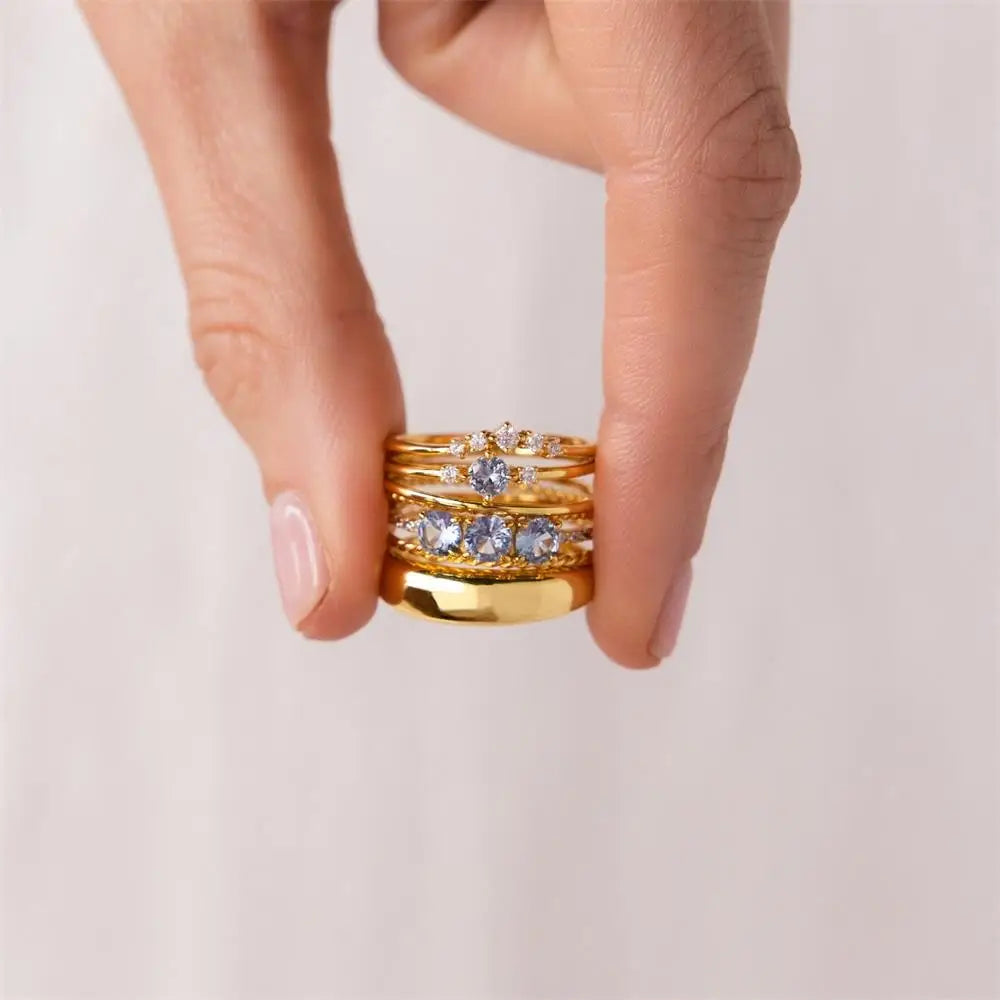 3 Pair Gold Plated Blue Crystal Zircon Rings Bride Wedding Jewelry Accessories