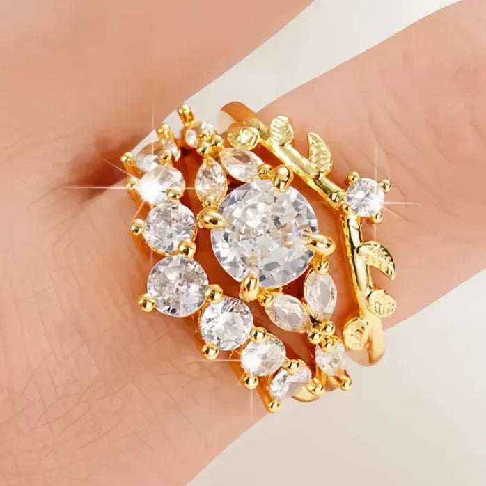 Women Wedding Ring Set 2Pcs Leaf Design Luxury Cubic Zirconia Jewelry