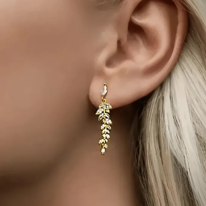 Gold Leaf Shaped Dangle Earrings with Sparkling Cubic Zirconia for Women