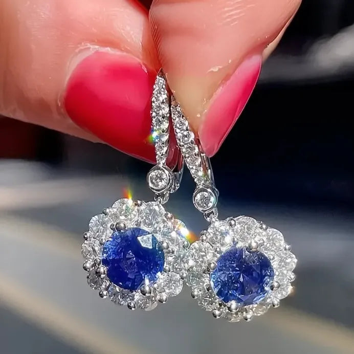 Deep Blue Geometric Cubic Zirconia Dangle Earrings for Women Party